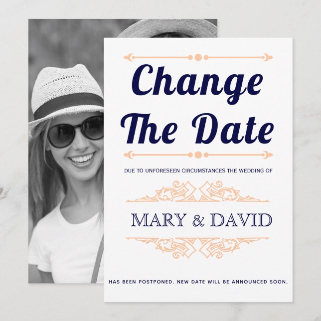 Navy blue and peach Change the Date announcement (Front/Back)