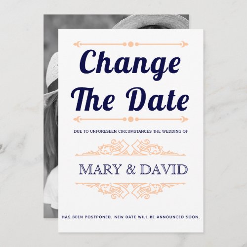 Navy blue and peach Change the Date announcement