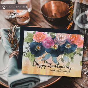 Navy Blue and Peach Floral Corporate Thanksgiving Holiday Card
