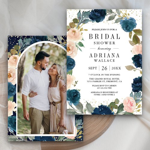 Navy Blue and Peach Floral Photo Bridal Shower Invitation