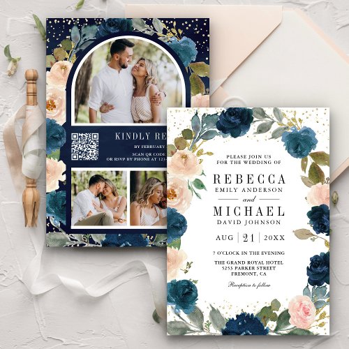 Navy Blue and Peach Floral Photo QR Code Wedding Invitation