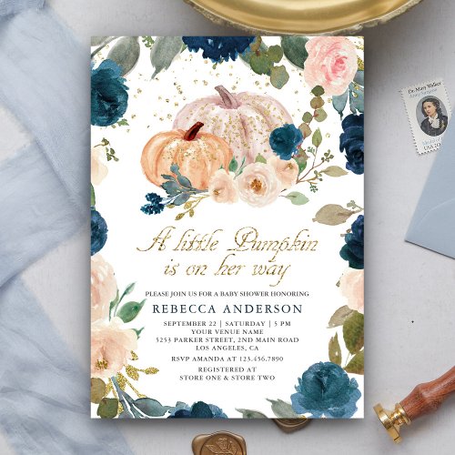 Navy Blue and Peach Floral Pumpkin Baby Shower Invitation