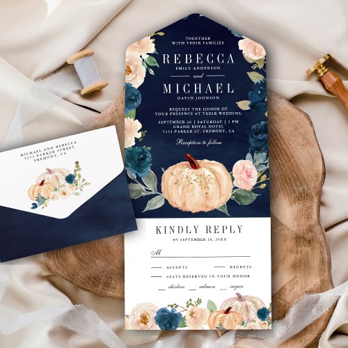 Navy Blue and Peach Floral Pumpkin Wedding All In One Invitation