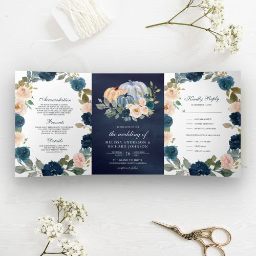 Navy Blue and Peach Floral Pumpkin Wedding Tri_Fold Invitation
