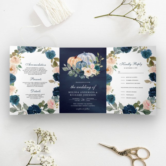 Navy Blue and Peach Floral Pumpkin Wedding Tri-Fold Invitation (Creator Uploaded)
