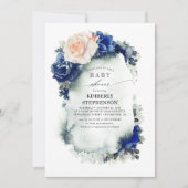 Navy Blue and Peach Floral Vintage Baby Shower Invitation (Front)