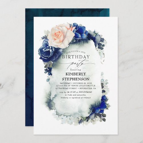 Navy Blue and Peach Floral Vintage Birthday Invitation