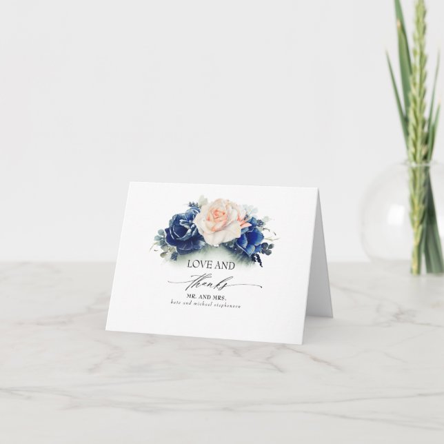 Navy Blue and Peach Floral Wedding Thank You Card (Front)