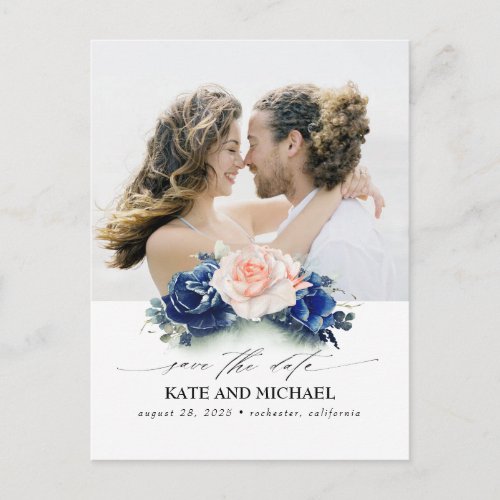 Navy Blue and Peach Flowers Save the Date Photo Announcement Postcard