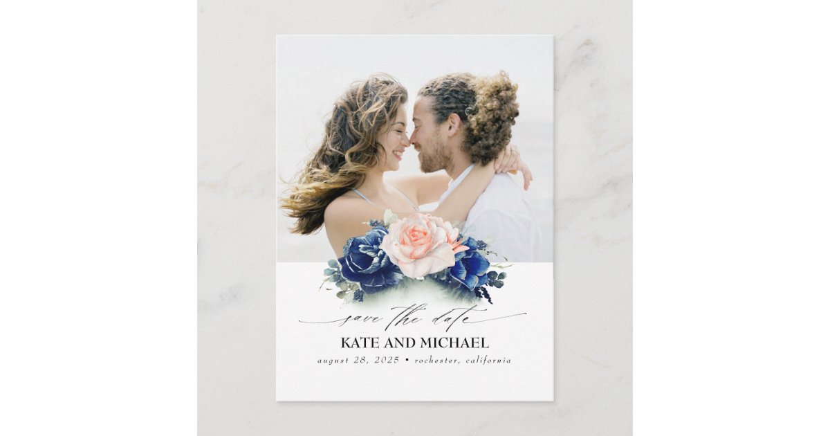 Navy Blue and Peach Flowers Save the Date Photo Announcement Postcard ...