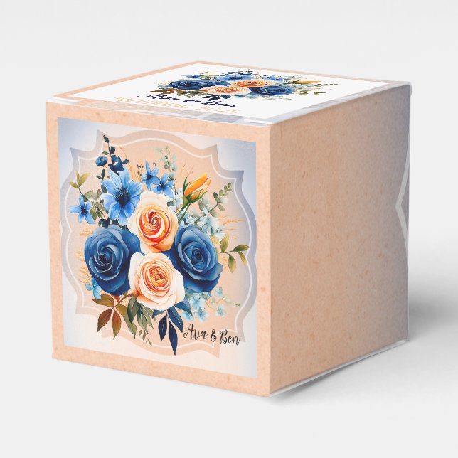Navy Blue and Peach Painted Floral Wedding Favor Boxes (Front Side)