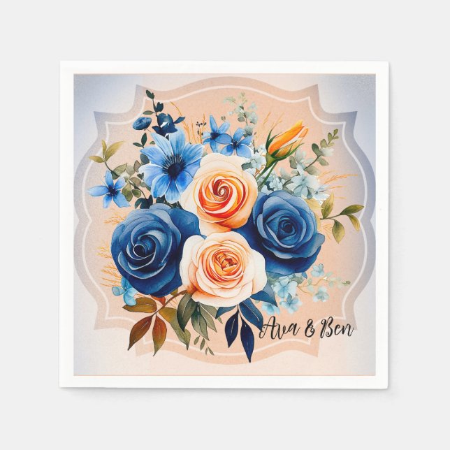 Navy Blue and Peach Painted Floral Wedding Napkins (Front)