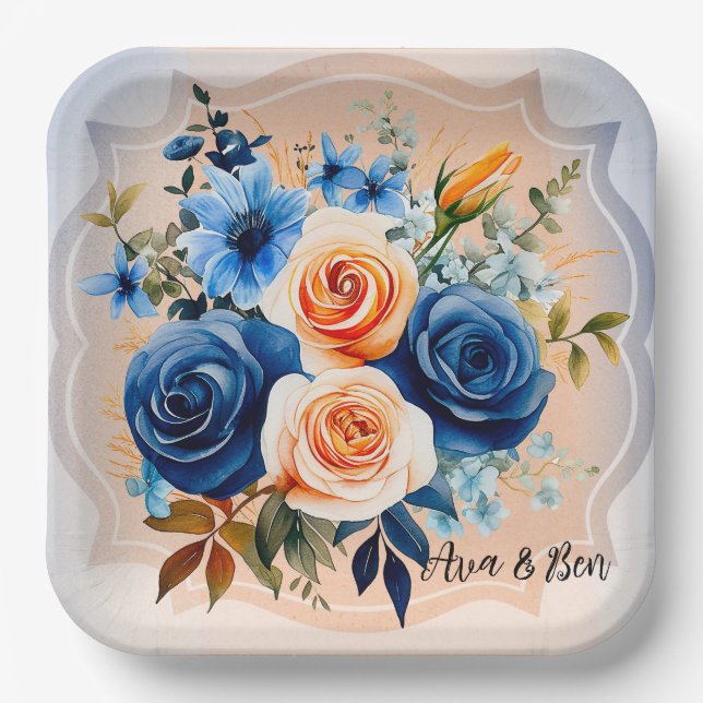 Navy Blue and Peach Painted Floral Wedding Paper Plates (Front)