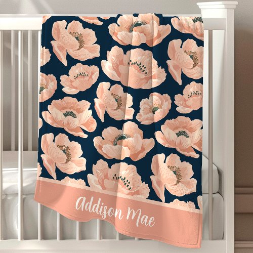 Navy Blue And Peach Peony Elegant Floral Baby Blanket