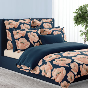 Navy Blue And Peach Peony Elegant Floral Duvet Cover