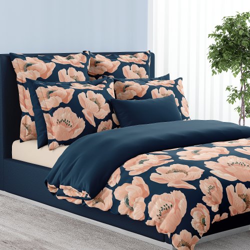 Navy Blue And Peach Peony Elegant Floral  Duvet Cover