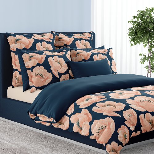 Navy Blue And Peach Peony Elegant Floral Duvet Cover