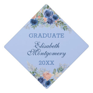 Navy Blue and Peach Roses and Botanicals Graduation Cap Topper