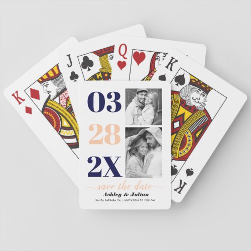 Navy blue and peach two photo Save the Date Poker Cards