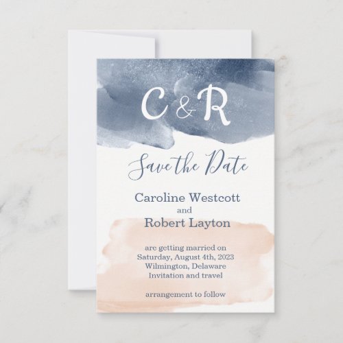 Navy blue and peach watercolor blot Save the Date Invitation