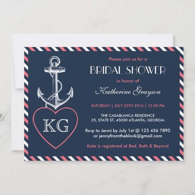 Navy Blue and Pink Anchor Love Shower Invitation (Front)