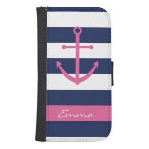 Navy Blue and Pink Anchor Monogram Wallet Case