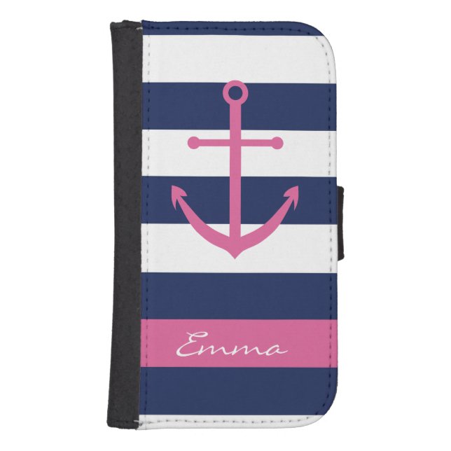 Navy Blue and Pink Anchor Monogram Wallet Case (Front)