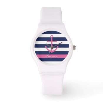 Navy Blue And Pink Anchor Monogram Watch by BellaMommyDesigns at Zazzle