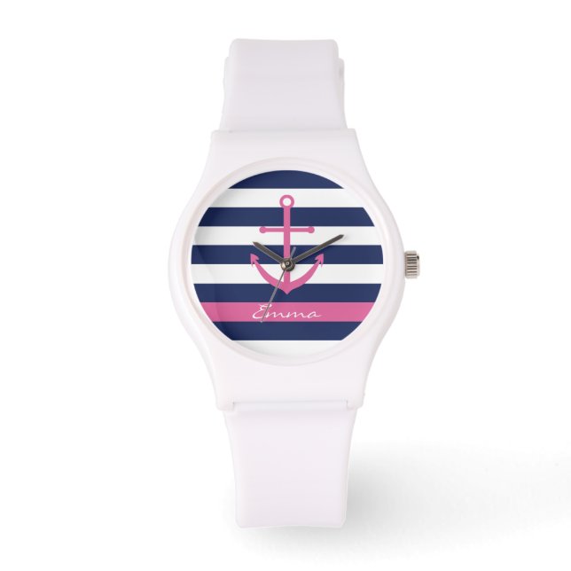 Navy Blue and Pink Anchor Monogram Watch (Front)
