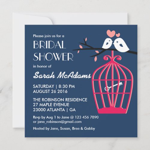 Navy Blue and Pink Bird cage Lovebirds Invitation