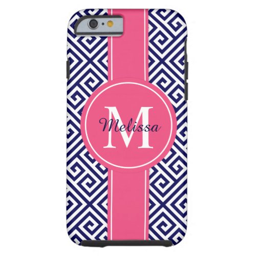 Navy Blue and Pink Blush Greek Key Pattern Tough iPhone 6 Case