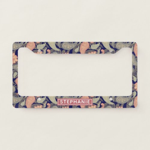 Navy Blue And Pink Bohemian Paisley Personalized License Plate Frame
