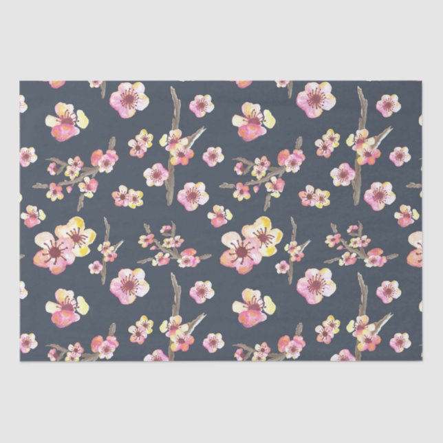 Navy Blue and Pink Cherry Blossom Flowers Tissue Paper (Front)