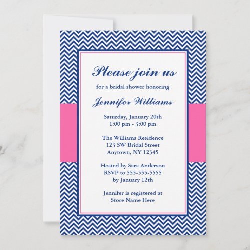 Navy Blue and Pink Chevron Bridal Shower Invitation