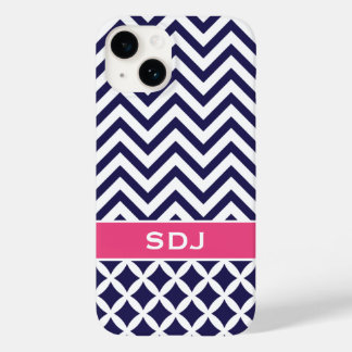 Navy Blue and Pink Chevron Custom Monogram Case-Mate iPhone 14 Case
