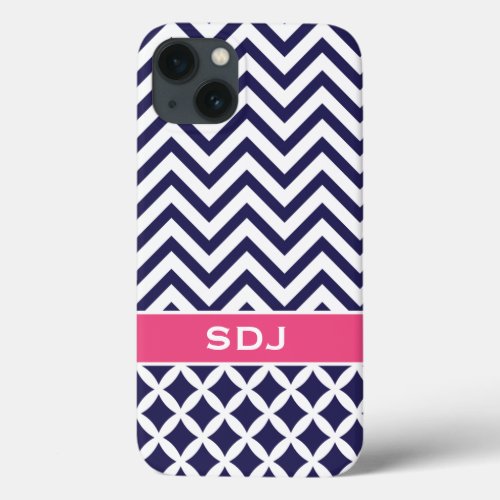 Navy Blue and Pink Chevron Custom Monogram iPhone 13 Case