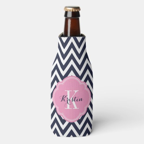Navy Blue and Pink Chevron Monogram Bottle Cooler