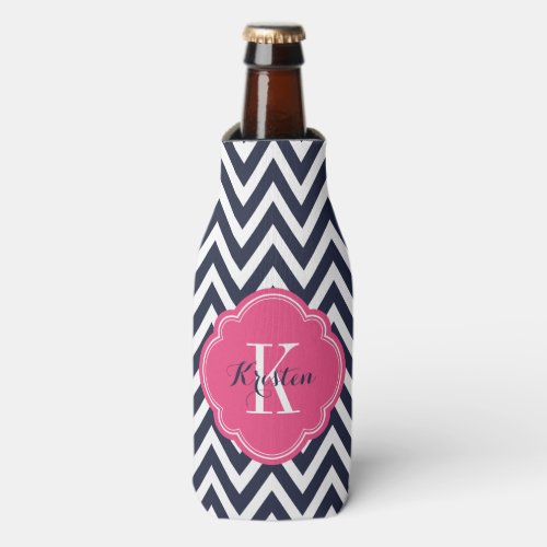 Navy Blue and Pink Chevron Monogram Bottle Cooler