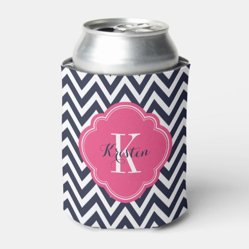 Navy Blue and Pink Chevron Monogram Can Cooler