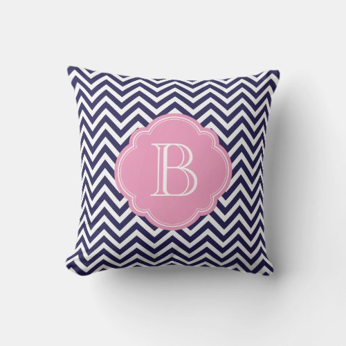 Navy Blue and Pink Chevron Stripes Custom Monogram Throw Pillow