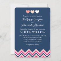 Navy Blue and Pink Chevron Wedding Invitation Love