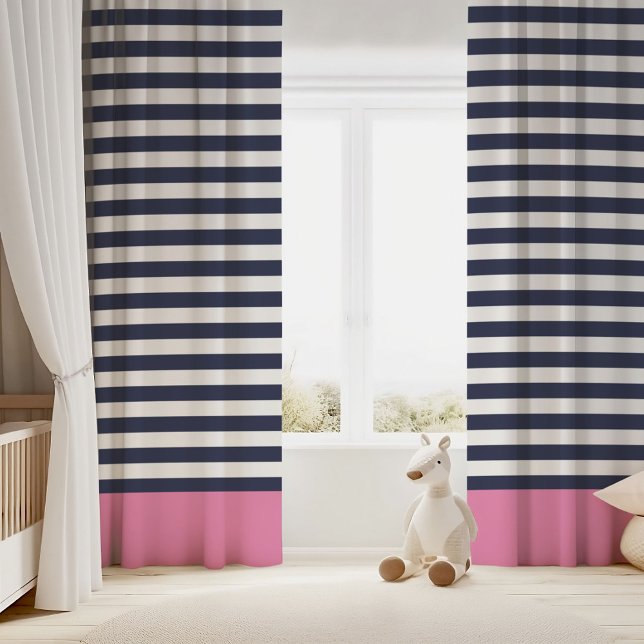 Navy Blue and Pink Chic Stripes Blackout Curtains (Creator Uploaded)