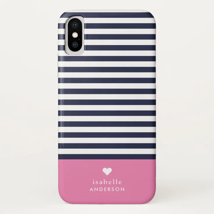 Navy Blue And Pink Chic Stripes Heart Monogram Case Mate Iphone Case Zazzle