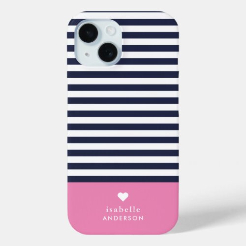 Navy Blue and Pink Chic Stripes Heart Monogram iPhone 15 Case