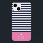 Navy Blue and Pink Chic Stripes Heart Monogram Case-Mate iPhone 14 Case<br><div class="desc">Stylish custom phone case in pink, navy blue and white colors. This design features a preppy classic navy and white striped pattern. Personalize it with your name monogram or other custom text with a cute heart symbol. Use the design tools to choose any background colors, edit the text fonts and...</div>