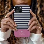 Navy Blue and Pink Chic Stripes Heart Monogram iPhone 15 Case<br><div class="desc">Stylish custom phone case in pink, navy blue and white colors. This design features a preppy classic navy and white striped pattern. Personalize it with your name monogram or other custom text with a cute heart symbol. Use the design tools to choose any background colors, edit the text fonts and...</div>