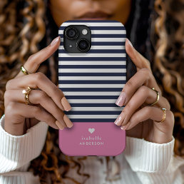 Navy Blue and Pink Chic Stripes Heart Monogram iPhone 15 Case