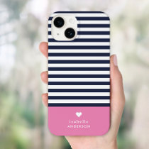 Navy Blue and Pink Chic Stripes Heart Monogram Case-Mate iPhone 14 Case