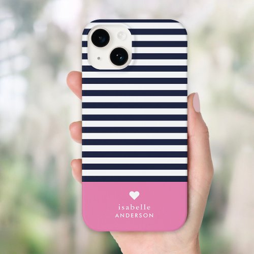 Navy Blue and Pink Chic Stripes Heart Monogram Case_Mate iPhone 14 Case