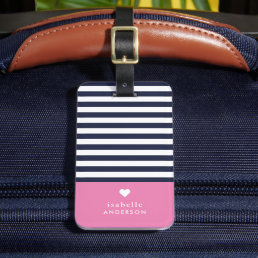 Navy Blue and Pink Chic Stripes Heart Monogram Luggage Tag